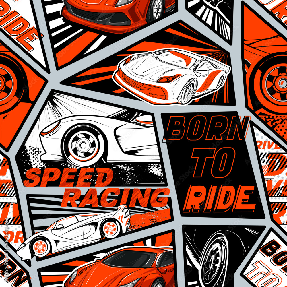 Abstract seamless sport car pattern drawing in comics style. Comics background and cars illustration. Endless ornament speed race. Text Born to ride. 