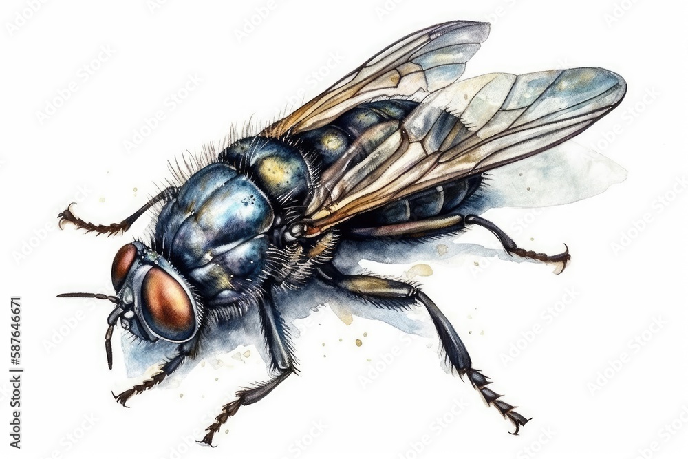 common housefly on a plain white background. Generative AI common housefly on a plain white background. Generative AI