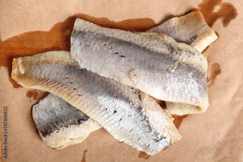 Pickled herring. Salted, soused skinless fillets of fish Clupea. © ffolas