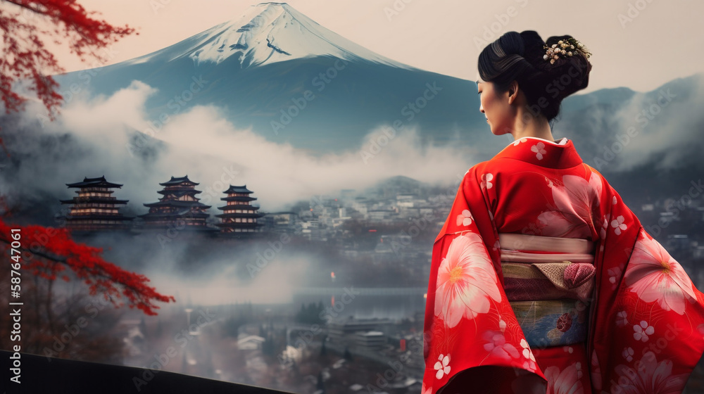 beautiful Japanese woman wearing a Japanese kimono hd wallpaper ilustración  de Stock | Adobe Stock