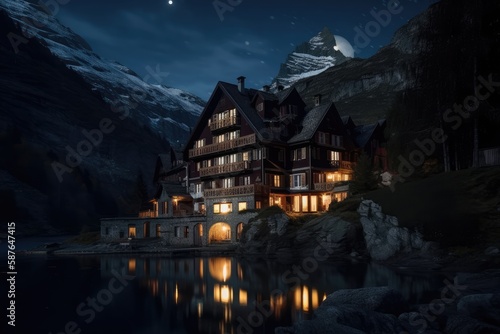 majestic mountain house overlooking a serene lake. Generative AI © AkuAku