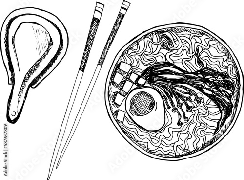 Ramen soup in a bowl with holding chopsticks, hand drawn illustration