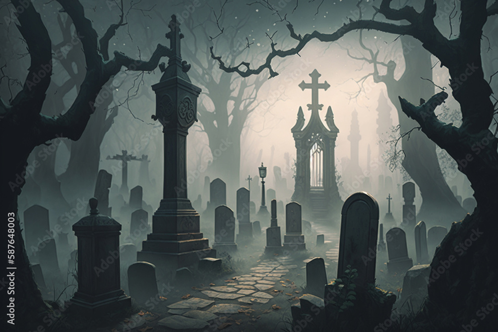 Graveyard Fantasy | A gothic graveyard with ancient tombstones and eerie mist. haunting atmosphere. the light setting creates a sense of mystery and foreboding. Ai.