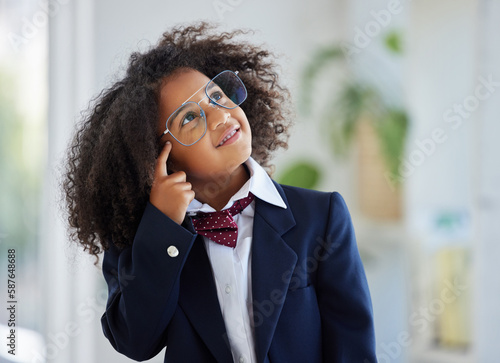 Bilde på lerret Thinking, smile and a girl dressed as an employee with a plan, idea or strategy in an office