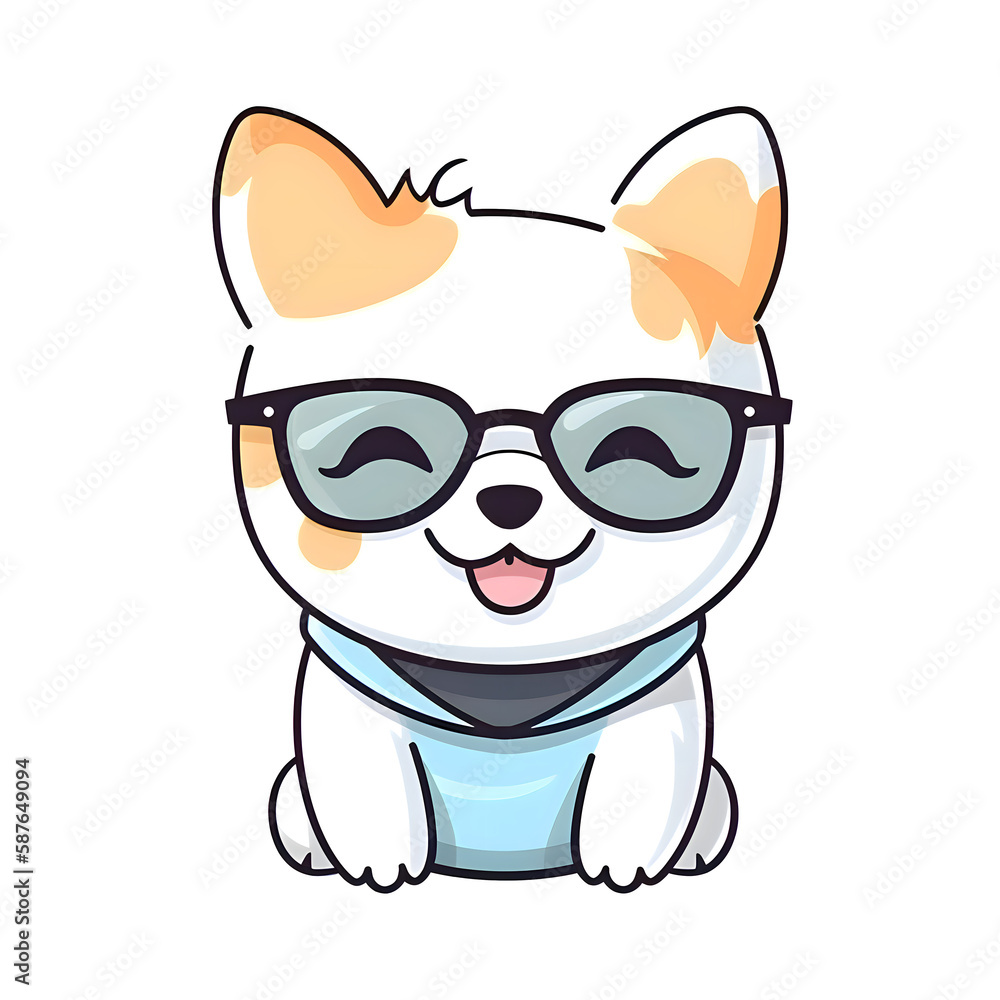 Naklejka premium Kawaii Cute happy dog wearing sunglasses