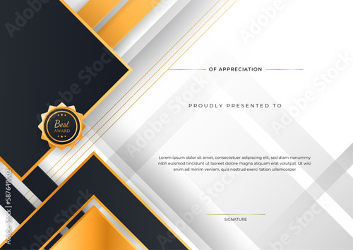 Certificate of appreciation template, orange and black color. Clean modern certificate with gold badge. Certificate border template with luxury and modern line pattern. Diploma vector template