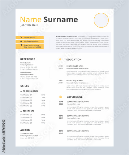minimalist resume template design with yellow elements, vector eps10