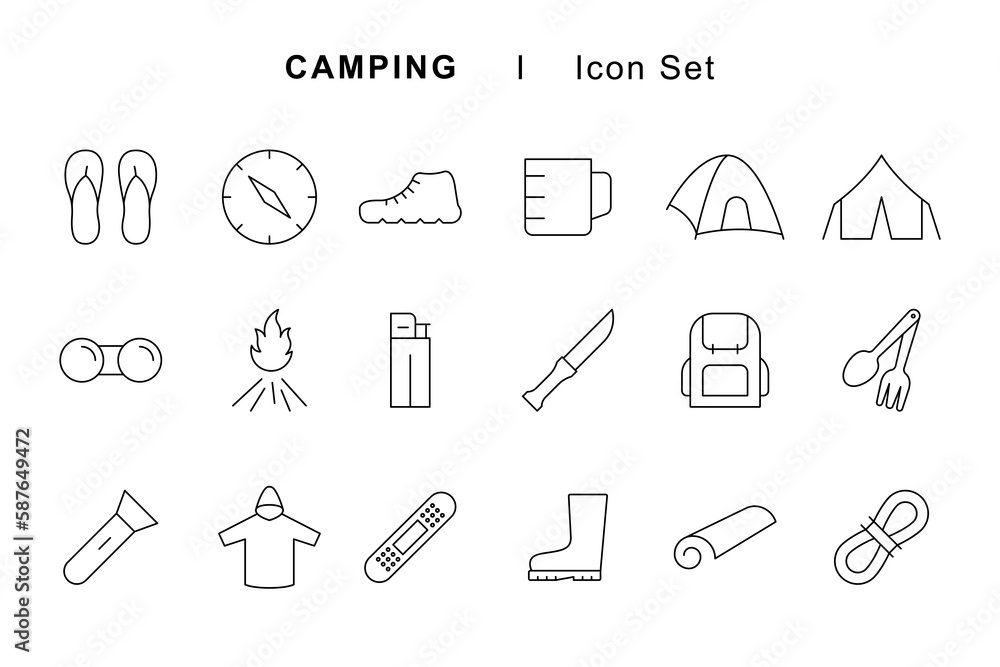 Camping icons set. Editable stroke. Camping icons set. Editable stroke.