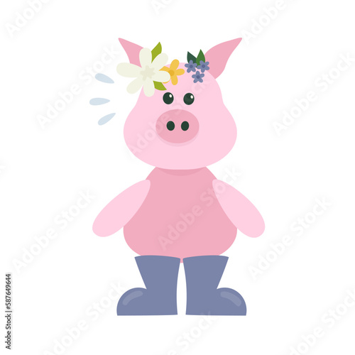 Cute cartoon pig in boots and flower wreath in flat style. Spring character.