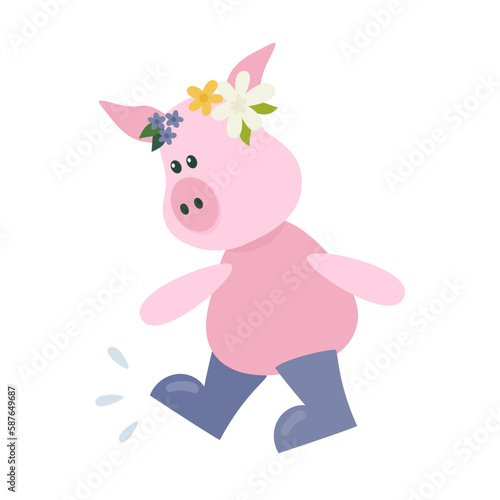 Cute cartoon pig with boots and flower wreath in flat style. Spring character.