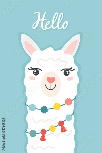 Greeting card with a portrait of cute cartoon alpaca llamas with necklaces