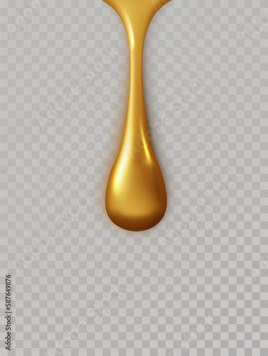 Golden oil drop isolated on dark. Cosmetic liquid product or fuel gold oil droplet concept. Healthcare and medicine sign