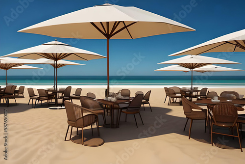 A seating area and umbrella on the beach with a very bright sunny day  a place for peace and relaxation  Generative AI