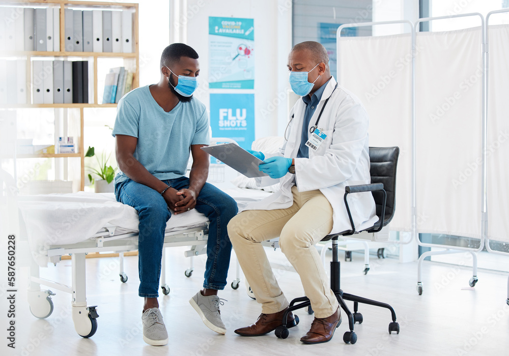 Fototapeta premium Doctor, consultation and covid results on clipboard with black man for checkup, test or examination. Healthcare, medical professional and checklist for advice, diagnosis or information in clinic.