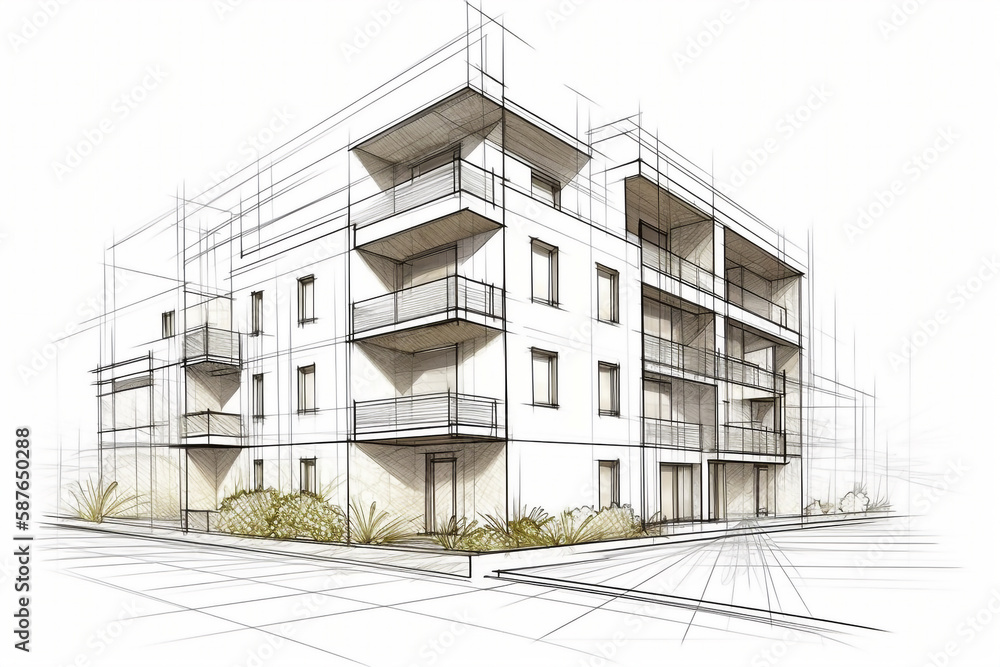 linear project of block of flats. Architectural concept sketch of modern apartments. Illustration Generative AI. linear project of block of flats. Architectural concept sketch of modern apartments. Illustration Generative AI.