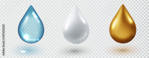 Gold, white and blue drop of cosmetics. Liquid essence, vitamin, machine oil, cosmetic or milk vitamin white bubble. Cosmetic spa serum drop.