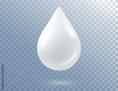 White realistic droplet of milk liquid or cosmetic product isolated. Vector shiny blob, falling fluid.