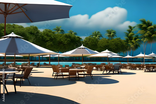 A seating area and umbrella on the beach with a very bright sunny day  a place for peace and relaxation  Generative AI