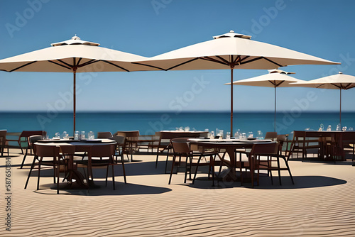 A seating area and umbrella on the beach with a very bright sunny day  a place for peace and relaxation  Generative AI