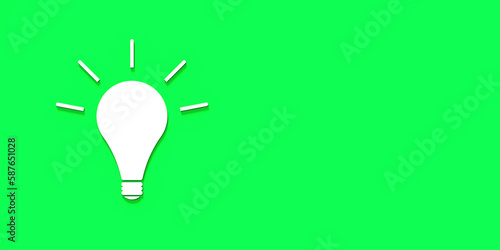 White glowing light bulb with shadow on green background. Illustration of symbol of idea. Horizontal image. Banner for insertion into site. 3D image. 3D rendering.