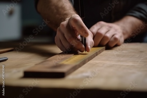 Close-Up of Skilled Woodworker Measuring Wooden Plank with Precision, Carpentry and Craftsmanship