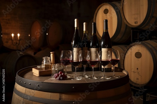 Red Wine and Grape. A Bottle and Glass with Barrel on blur Background