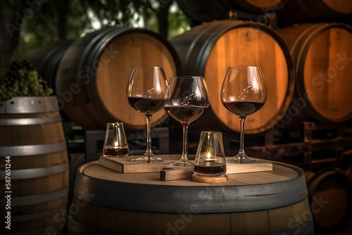 Red Wine and Grape. A Bottle and Glass with Barrel on blur Background