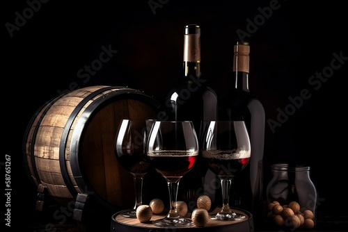 Red Wine and Grape. A Bottle and Glass with Barrel on blur Background