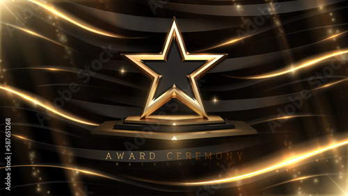 Award ceremony background with 3d gold star and ribbon element and glitter light effect decoration. Luxury modern scene style.