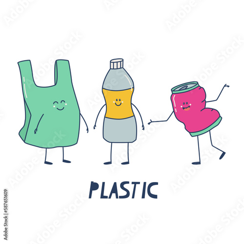 Sorting of plastic waste. Plastic bags, bottles and cans. Funny objects with arms, legs and faces. Cute vector isolated on white background illustration for design.