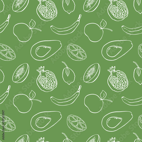 Contour fruits seamless pattern. Doodle fruits on colored background, minimalistic pattern.
