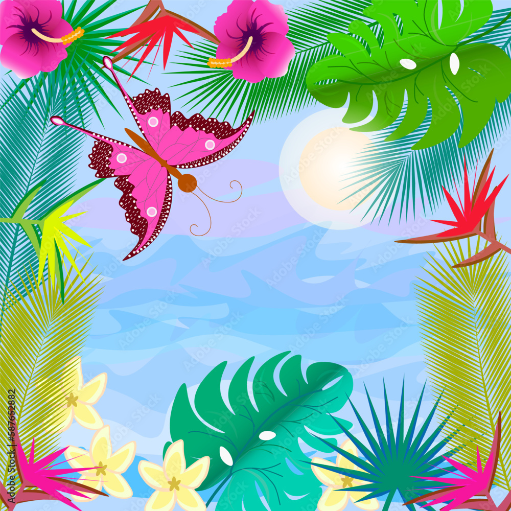 Through the frame of monstera leaves, palm trees and tropical flowers, you can see the sea and the sun. Through the frame of monstera leaves, palm trees and tropical flowers, you can see the sea and the sun.