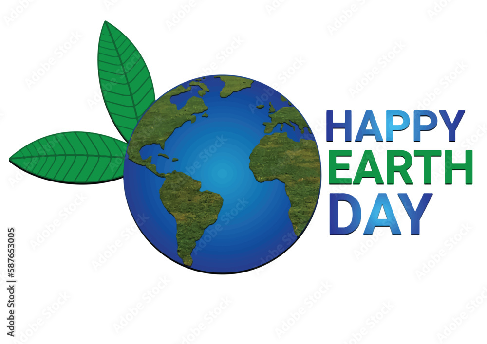 Happy Earth Day text with earth globe and leaves isolated on white background. Vector illustration
