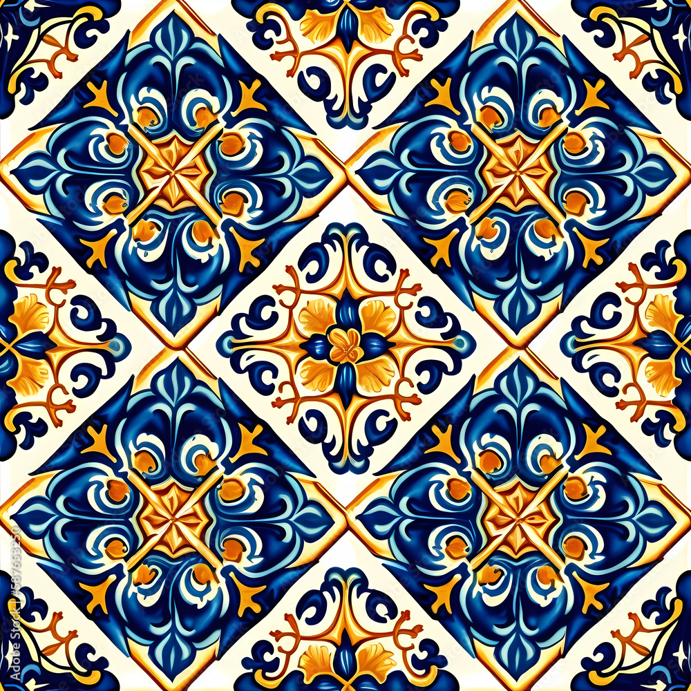 Portuguese azulejo ceramic tile seamless pattern, Blue and yellow background. Generative AI illustration. Portuguese azulejo ceramic tile seamless pattern, Blue and yellow background. Generative AI illustration.
