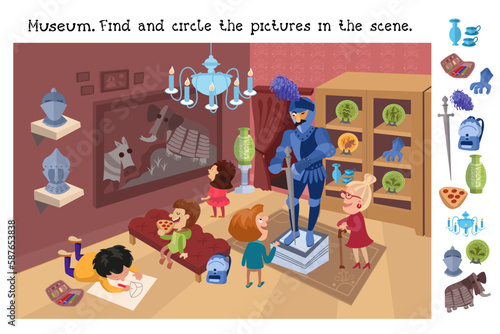 Find and circle objects. Educational puzzle game for children. Cute children and adults at museum. Knight's armour, helmets and weapons. History for kids. Cartoon characters. Vector illustration.