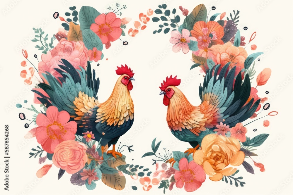 Illustration of two domestic chickens standing side by side in a farmyard. Generative AI