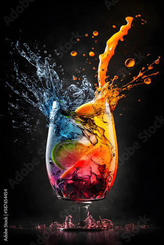 Splash in a glass of refreshing multicolored summer cocktail with citrus slices in a wine glass on dark background, copy space. Generative ai