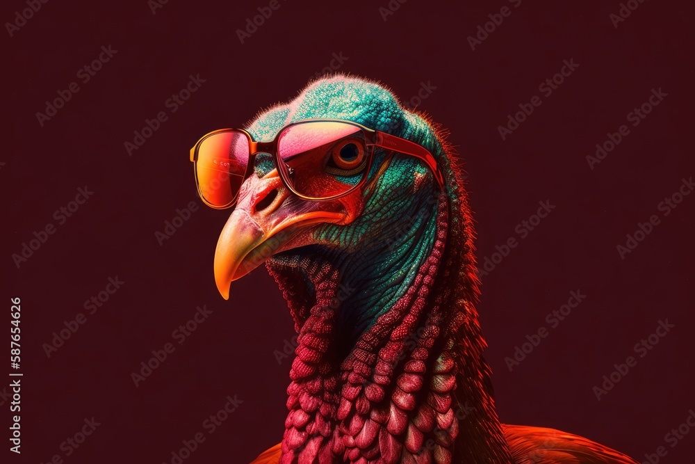 turkey wearing sunglasses on a solid color background, vector art, digital art, faceted, minimal, abstract. Generative AI.