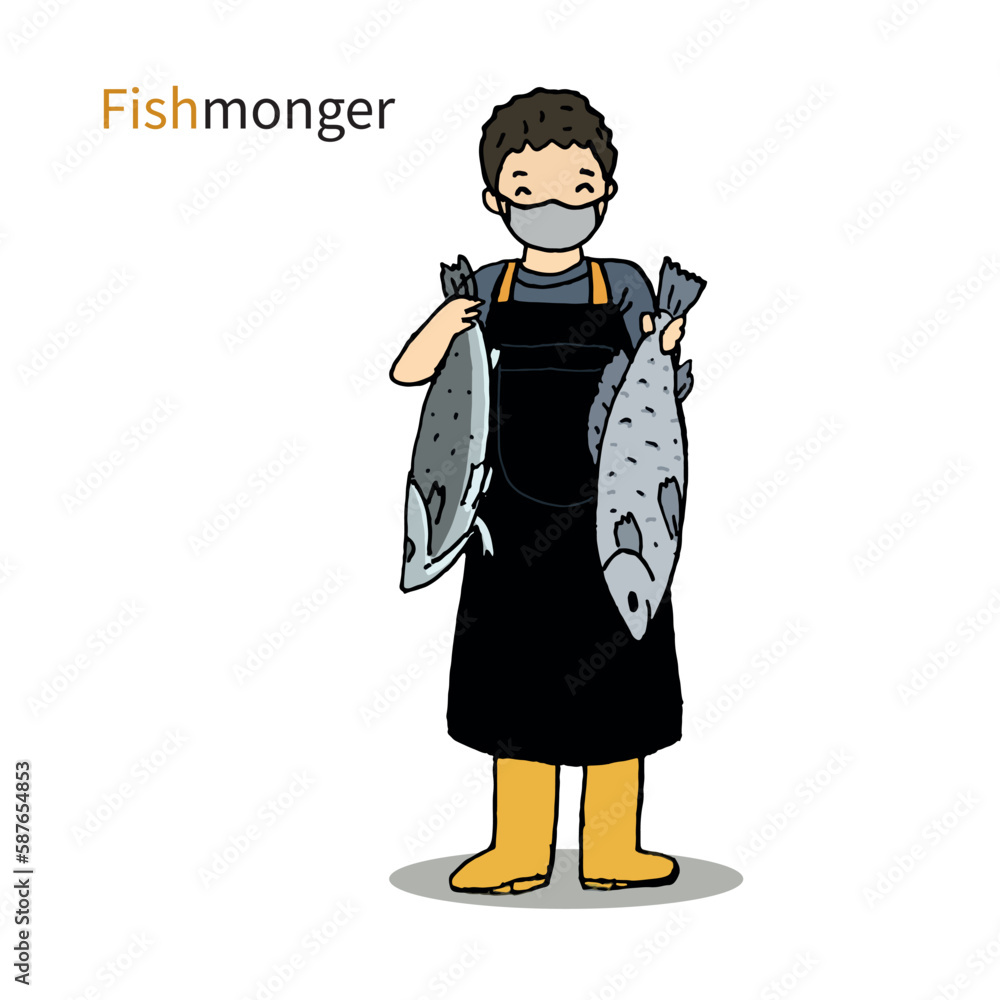 fishmonger sell fresh fish, flat design vector illustration fishmonger sell fresh fish, flat design vector illustration