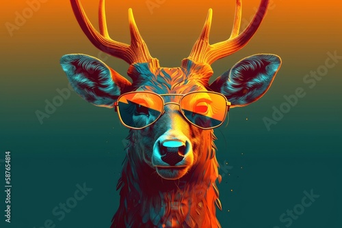deer wearing sunglasses on a solid color background  vector art  digital art  faceted  minimal  abstract. Generative AI.