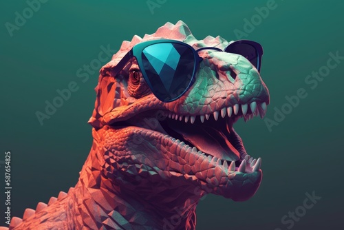 Fototapeta Naklejka Na Ścianę i Meble -  dinosaur wearing sunglasses on a solid color background, vector art, digital art, faceted, minimal, abstract. Generative AI.