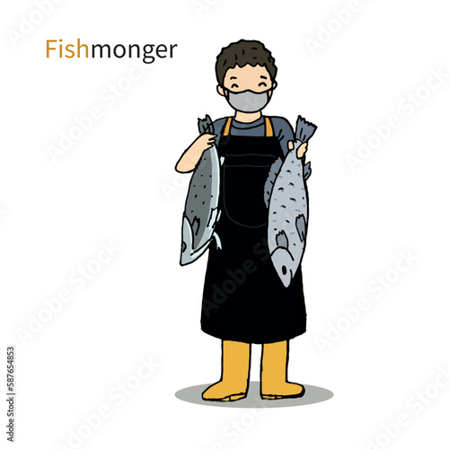 fishmonger sell fresh fish, flat design vector illustration