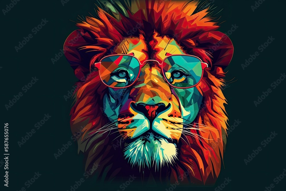 lion wearing sunglasses on a solid color background, vector art, digital art, faceted, minimal, abstract. Generative AI.