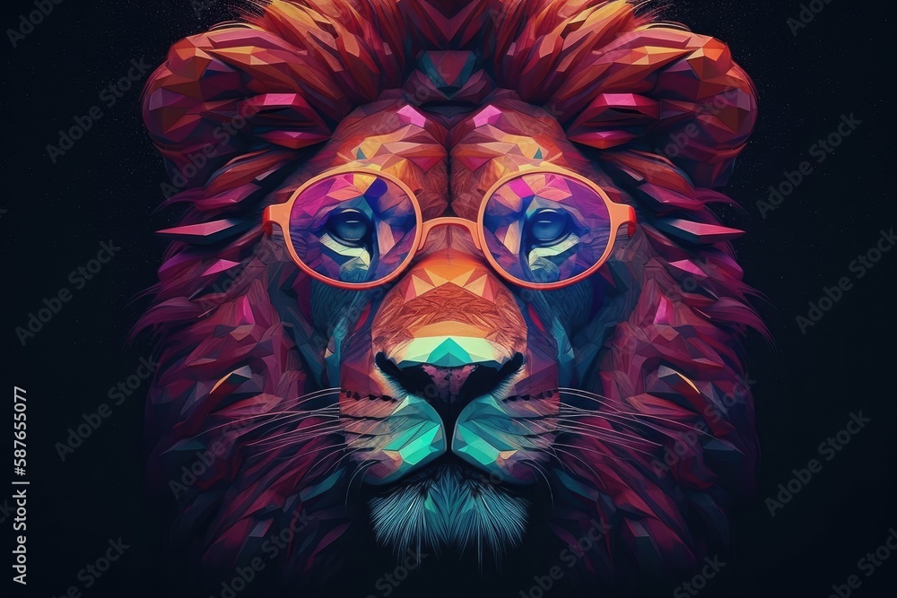 lion wearing sunglasses on a solid color background, vector art, digital art, faceted, minimal, abstract. Generative AI.