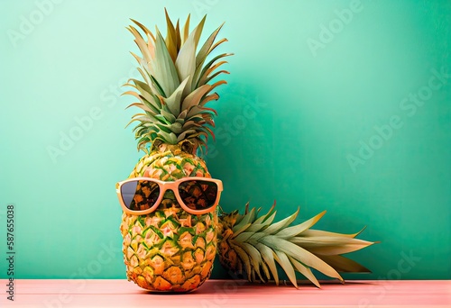 pineapple wearing sunglasses on a solid color background, vector art, digital art, faceted, minimal, abstract. Generative AI.