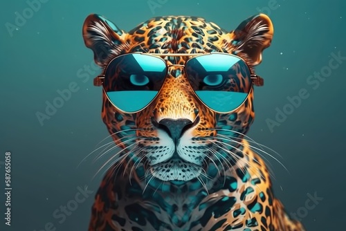 jaguar wearing sunglasses on a solid color background  vector art  digital art  faceted  minimal  abstract. Generative AI. 