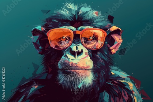 Monkey wearing sunglasses on a solid color background, vector art, digital art, faceted, minimal. Generative AI. © andrenascimento