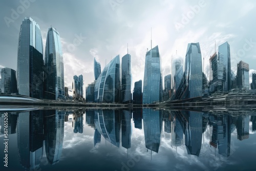 futuristic city skyline mirrored in the water. Generative AI