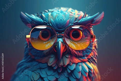 owl wearing sunglasses on a solid color background, vector art, digital art, faceted, minimal, abstract. Generative AI.