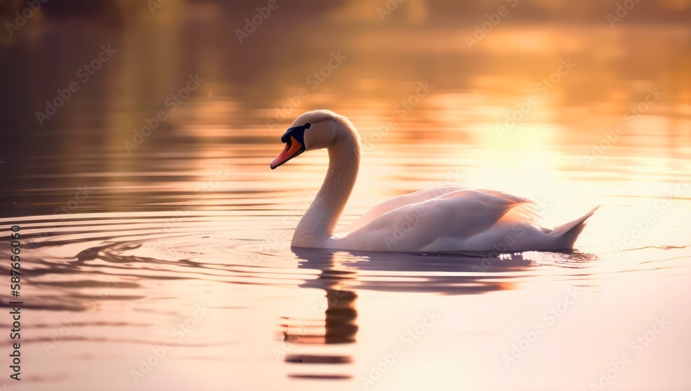 Single mute swan is swimming on the lake at sunset. Generative AI. Single mute swan is swimming on the lake at sunset. Generative AI.